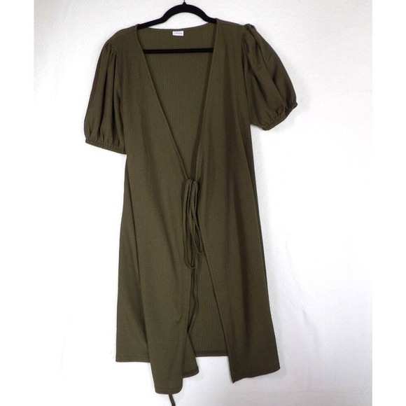 Lascana Sweaters - LASCANA Cardigan Cover Up Women XL Olive Green Tie-Front Puff Sleeve Ribbed